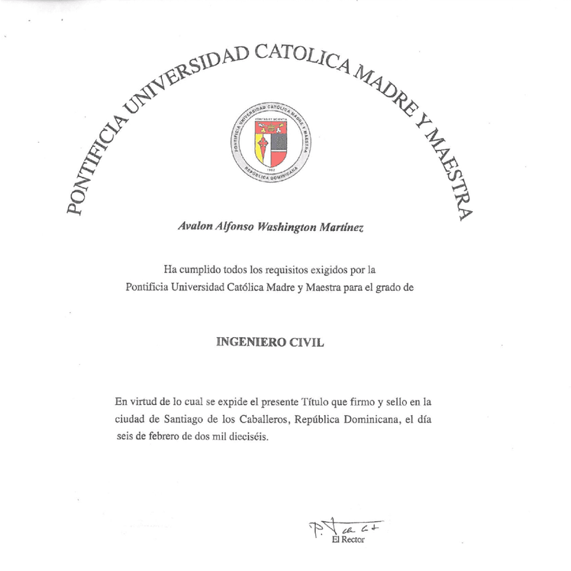 Certificado Profesional - Avalon Alfonso Washington Martinez - PUCMM